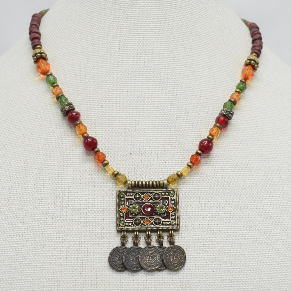 1928 Jewelry Necklace Multicolor Beaded Coin Fringe Bronze Boho